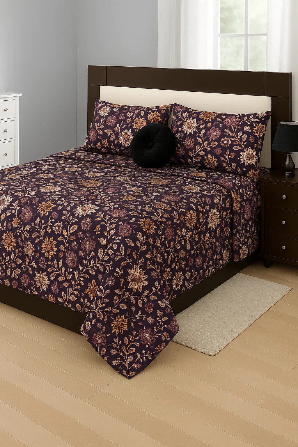 Egyptian Cotton Feel Flower Bedsheet in Deep Purple with Golden Floral Print