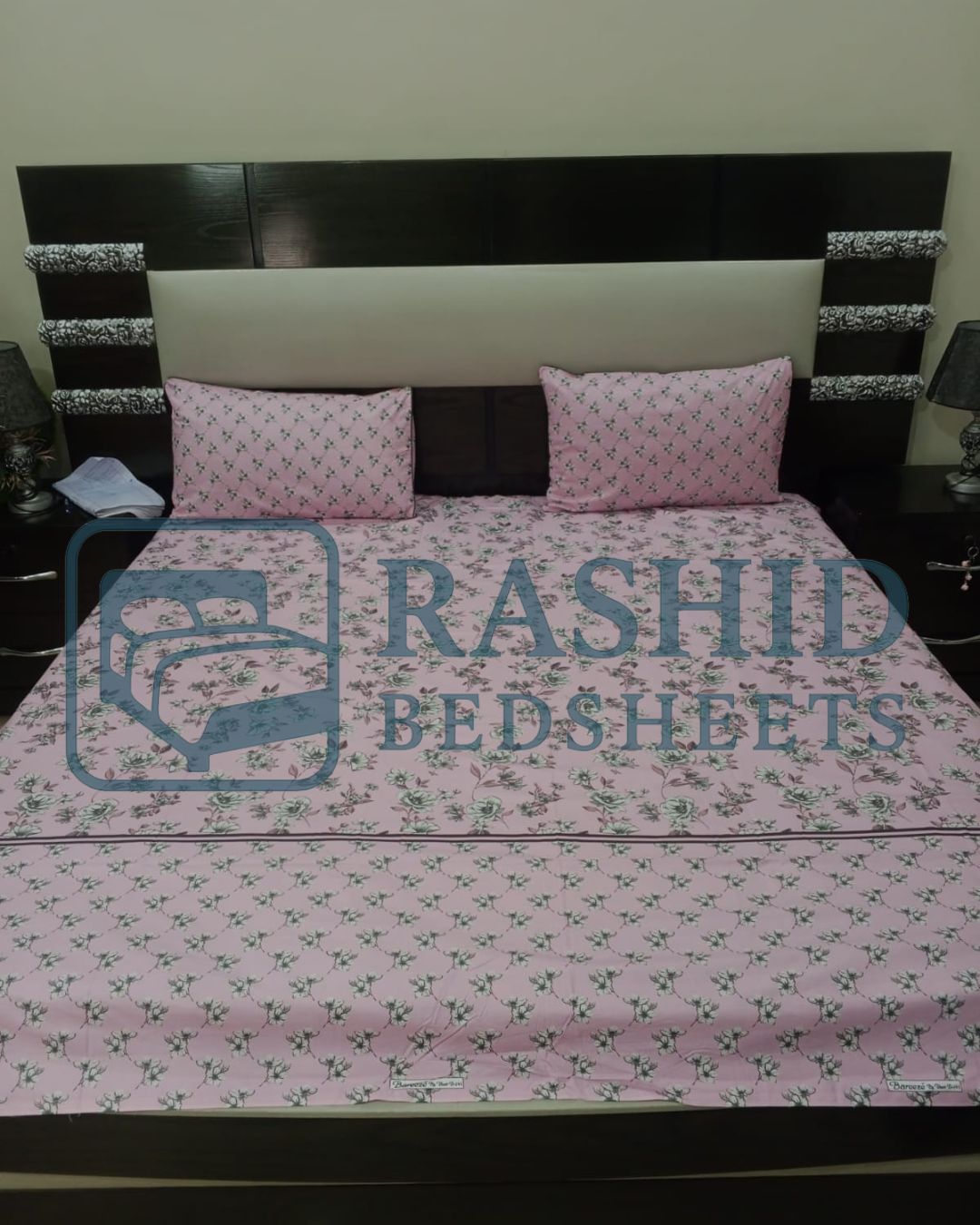 Baby pink printed cotton 3 piceces bedsheet