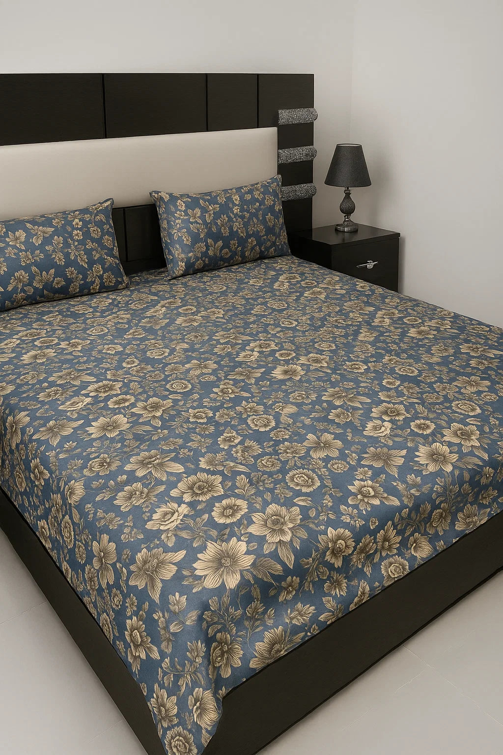 Navy blue plus gold flower printed cotton bedsheet