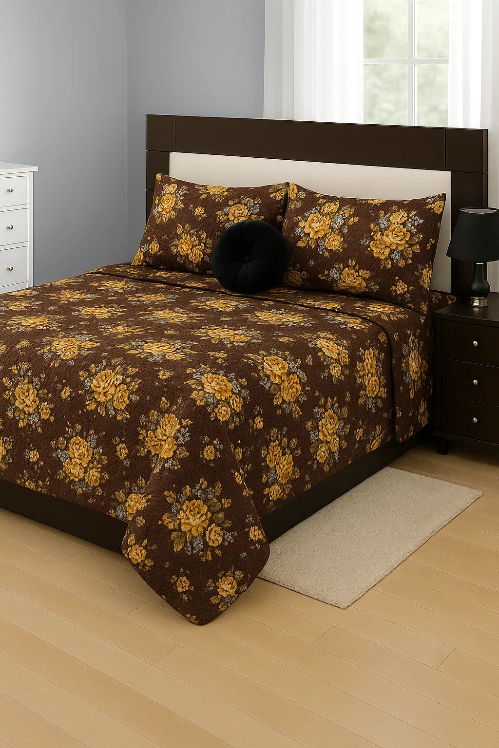 “Egyptian Cotton Feel Flower Bedsheet in Dark Brown with Yellow Floral Print