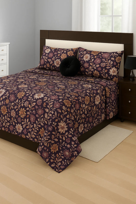Egyptian Cotton Feel Flower Bedsheet in Deep Purple with Golden Floral Print