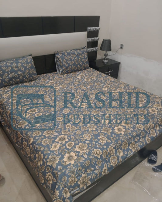 Navy blue plus gold flower printed cotton bedsheet