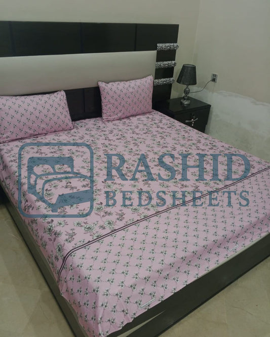 Baby pink printed cotton 3 piceces bedsheet