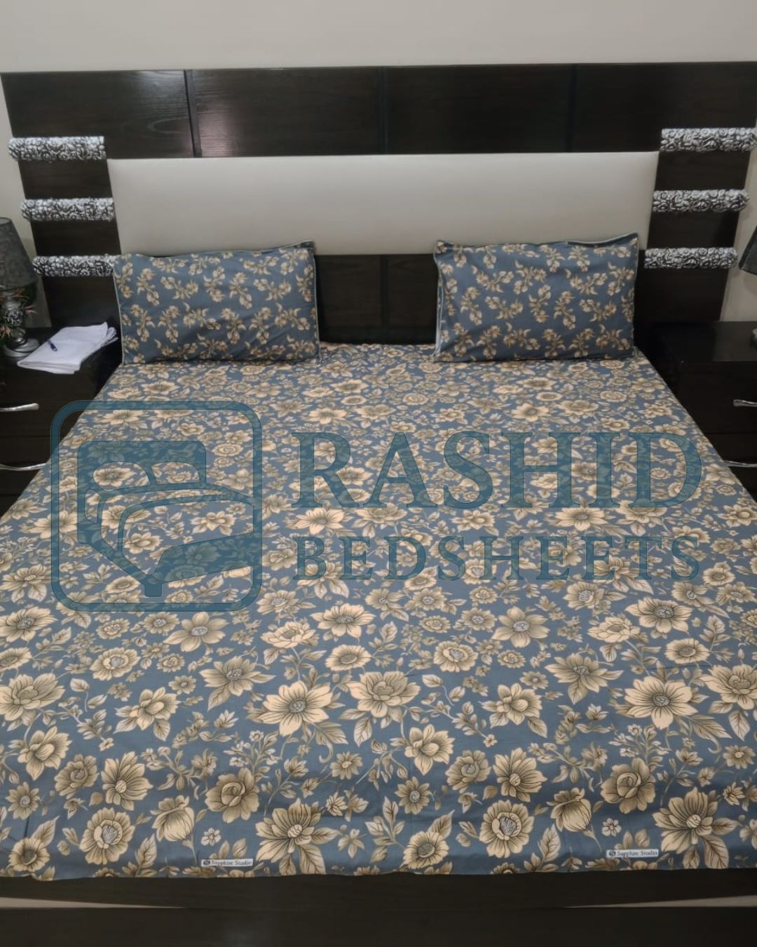 Navy blue plus gold flower printed cotton bedsheet