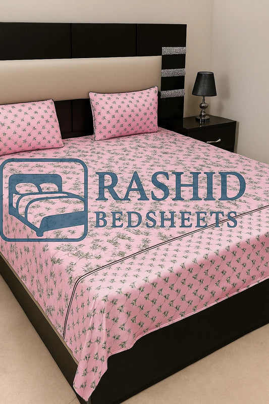 Baby pink printed cotton 3 piceces bedsheet