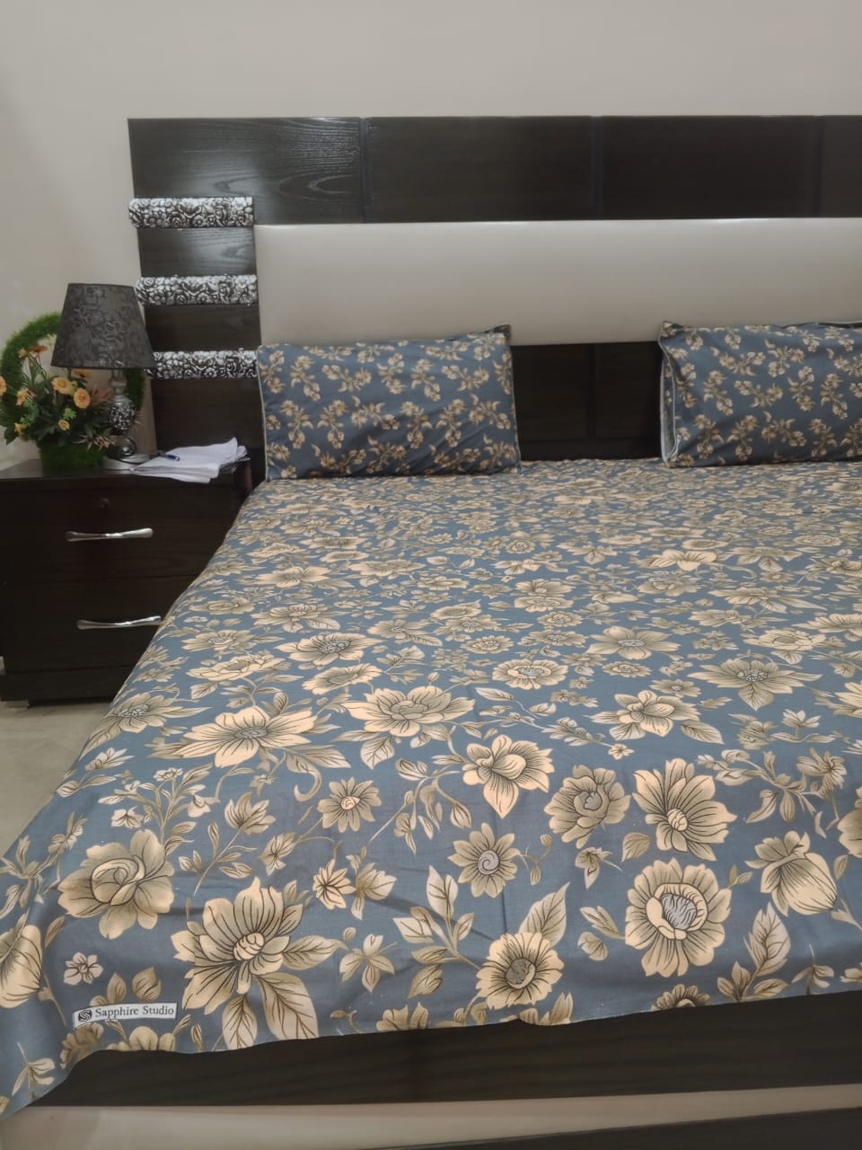 Navy blue plus gold flower printed cotton bedsheet