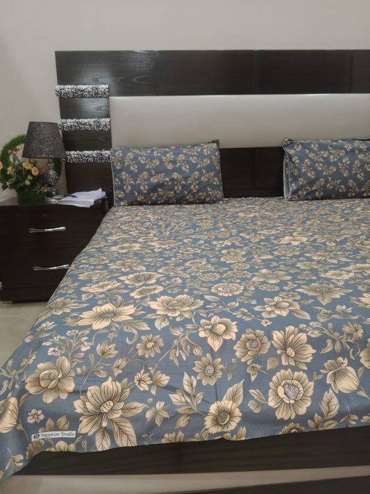 Navy blue plus gold flower printed cotton bedsheet