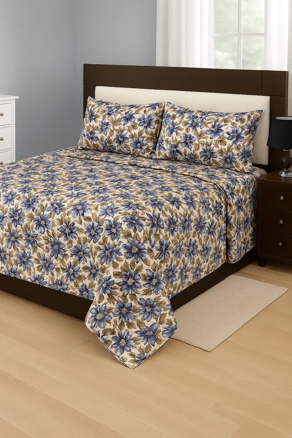  Egyptian Cotton Feel Flower Bedsheet in Cream with Blue and Brown Floral Design